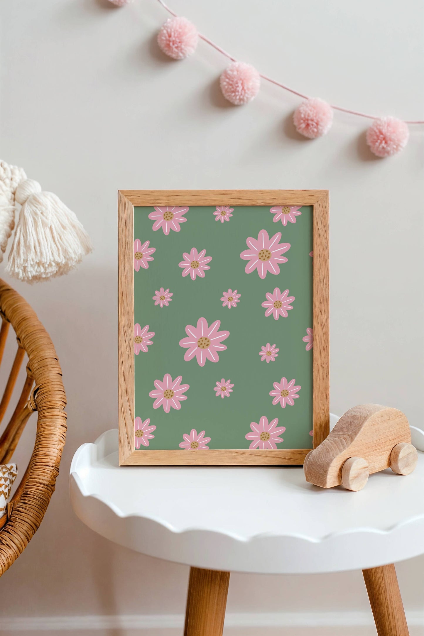 Pink Daisy Floral - Green | Art Print