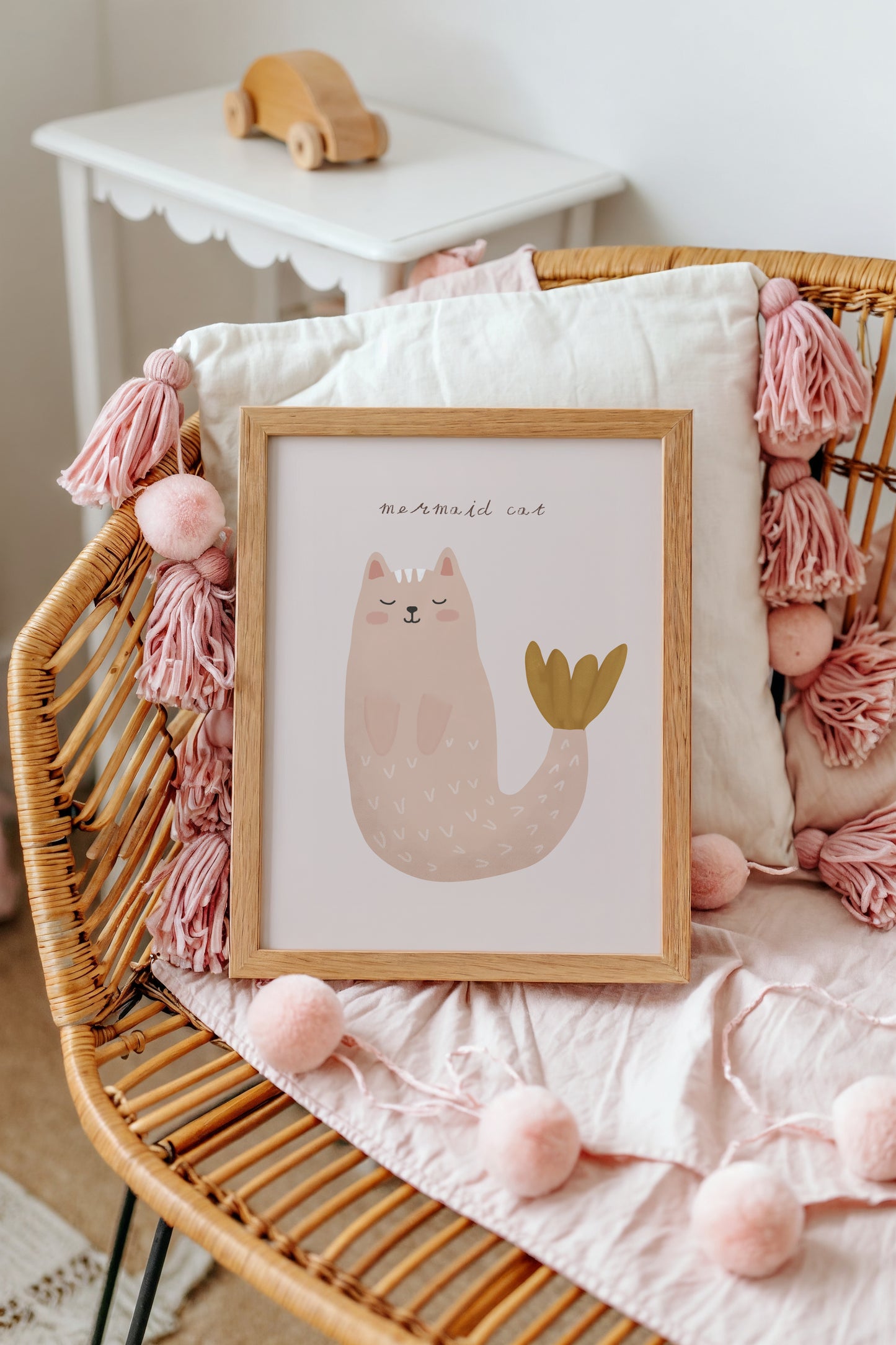 Mermaid Cat Wall Art – Whimsical Pink Cat Print for Girls' Rooms & Nurseries
