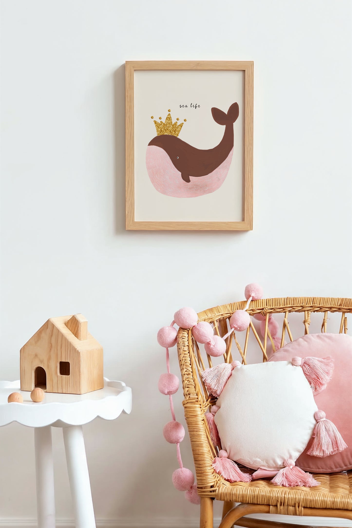 Crowned Whale Wall Art – Glitter Crown Ocean Print for Kids' Rooms & Nurseries