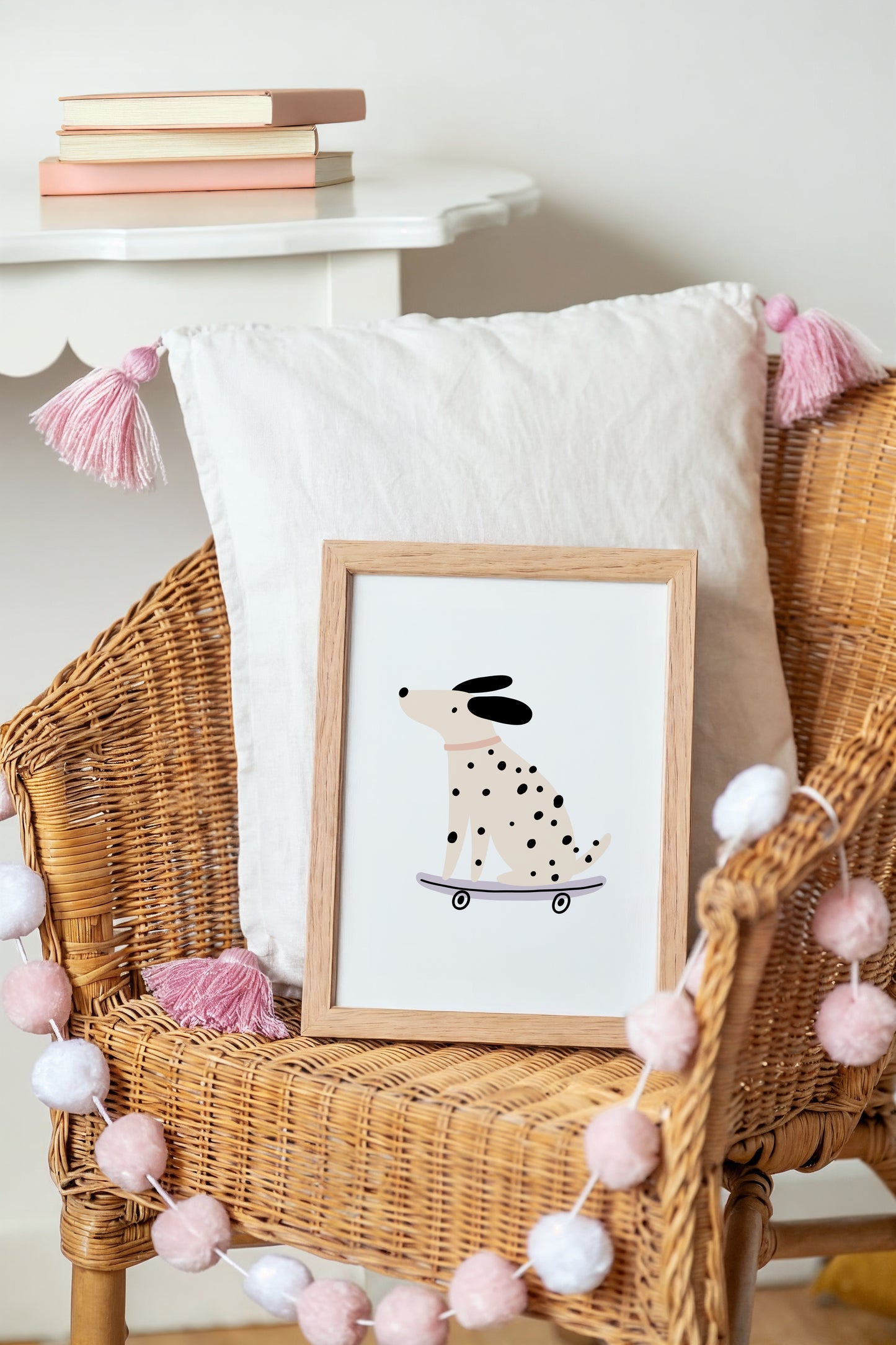 Skateboarding Dog Wall Art – Trendy Kids Room Print, Dalmatian Nursery Decor