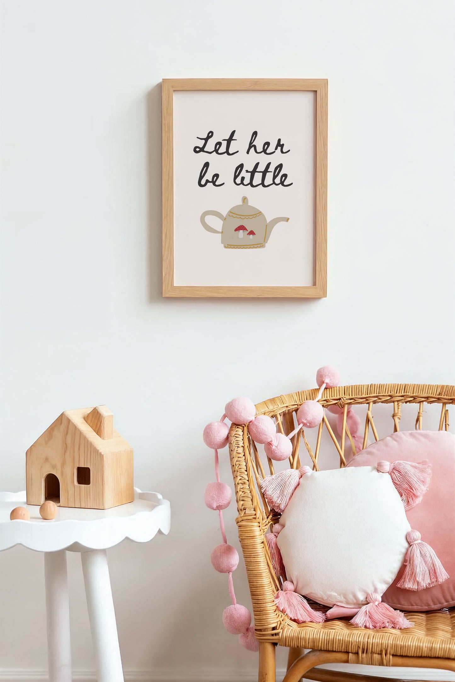 Let Her Be Little Art Print – Whimsical Nursery Wall Decor with Teapot and Mushrooms