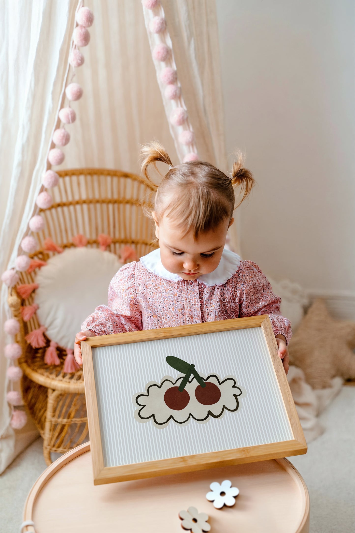 Retro Cherry Art Print – Minimalist Fruit Wall Decor for Kids