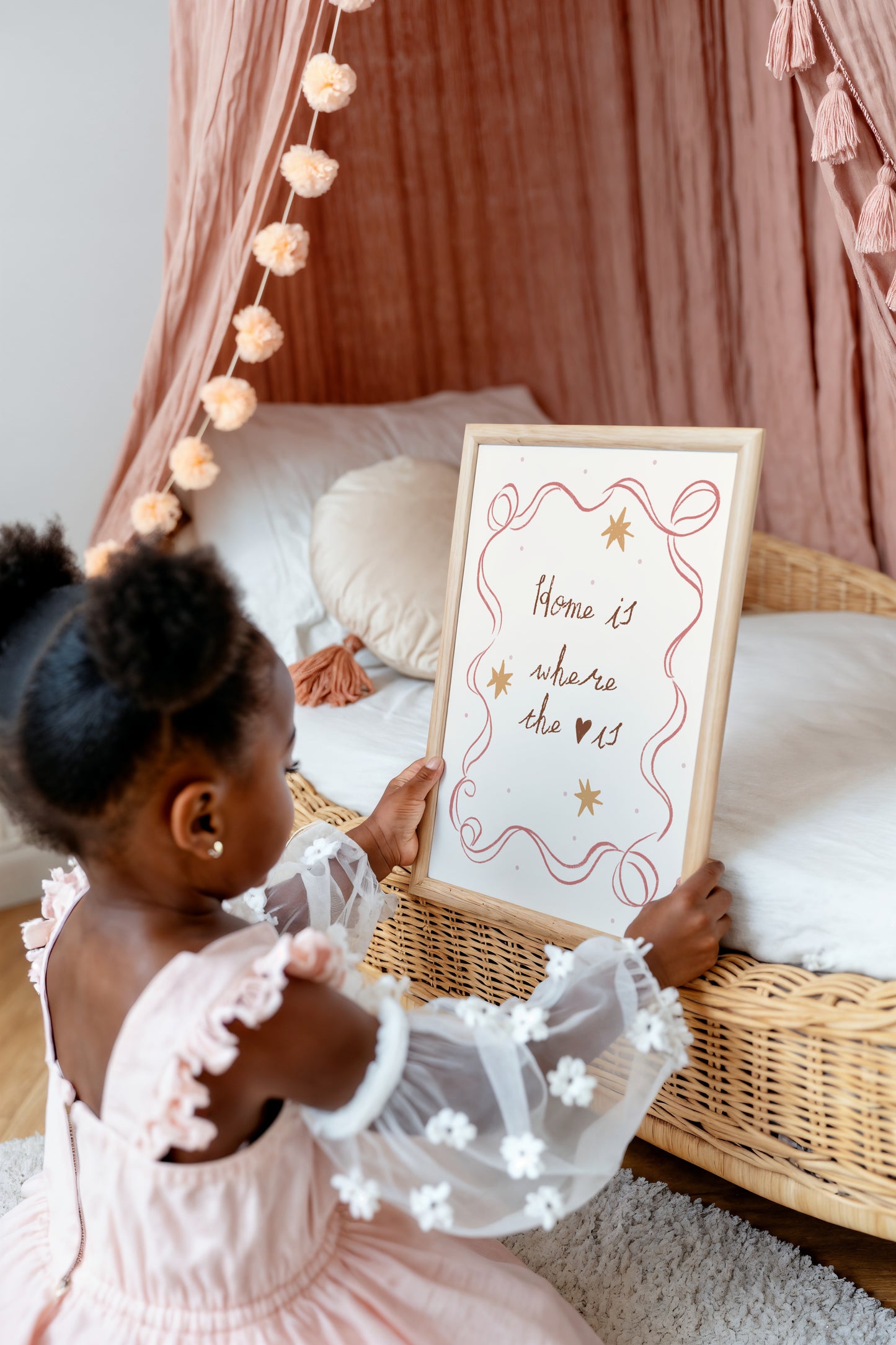 Home Is Where the Heart Is Art Print – Cozy Quote Wall Decor for Nursery or Kids Room