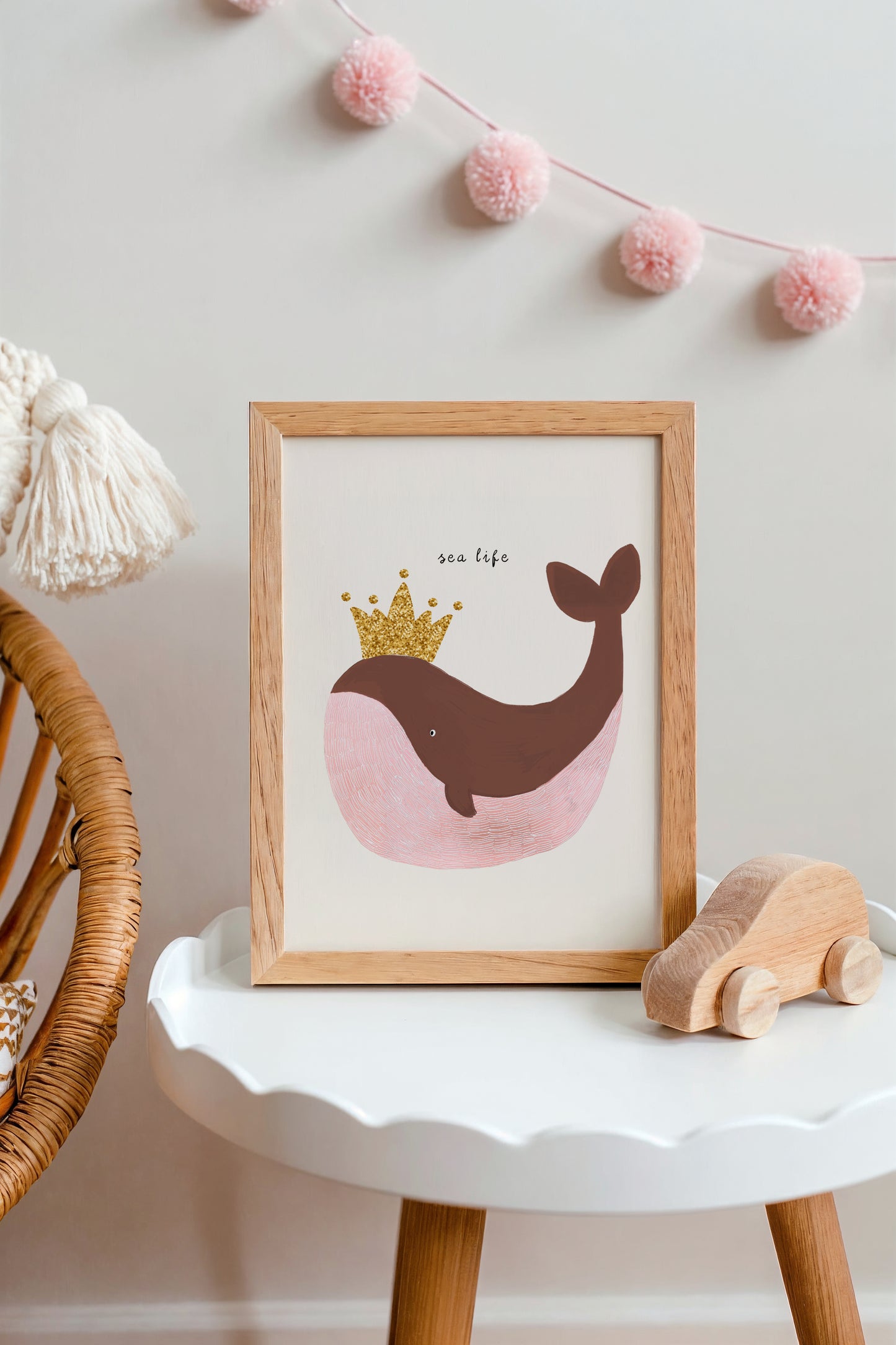 Crowned Whale Wall Art – Glitter Crown Ocean Print for Kids' Rooms & Nurseries