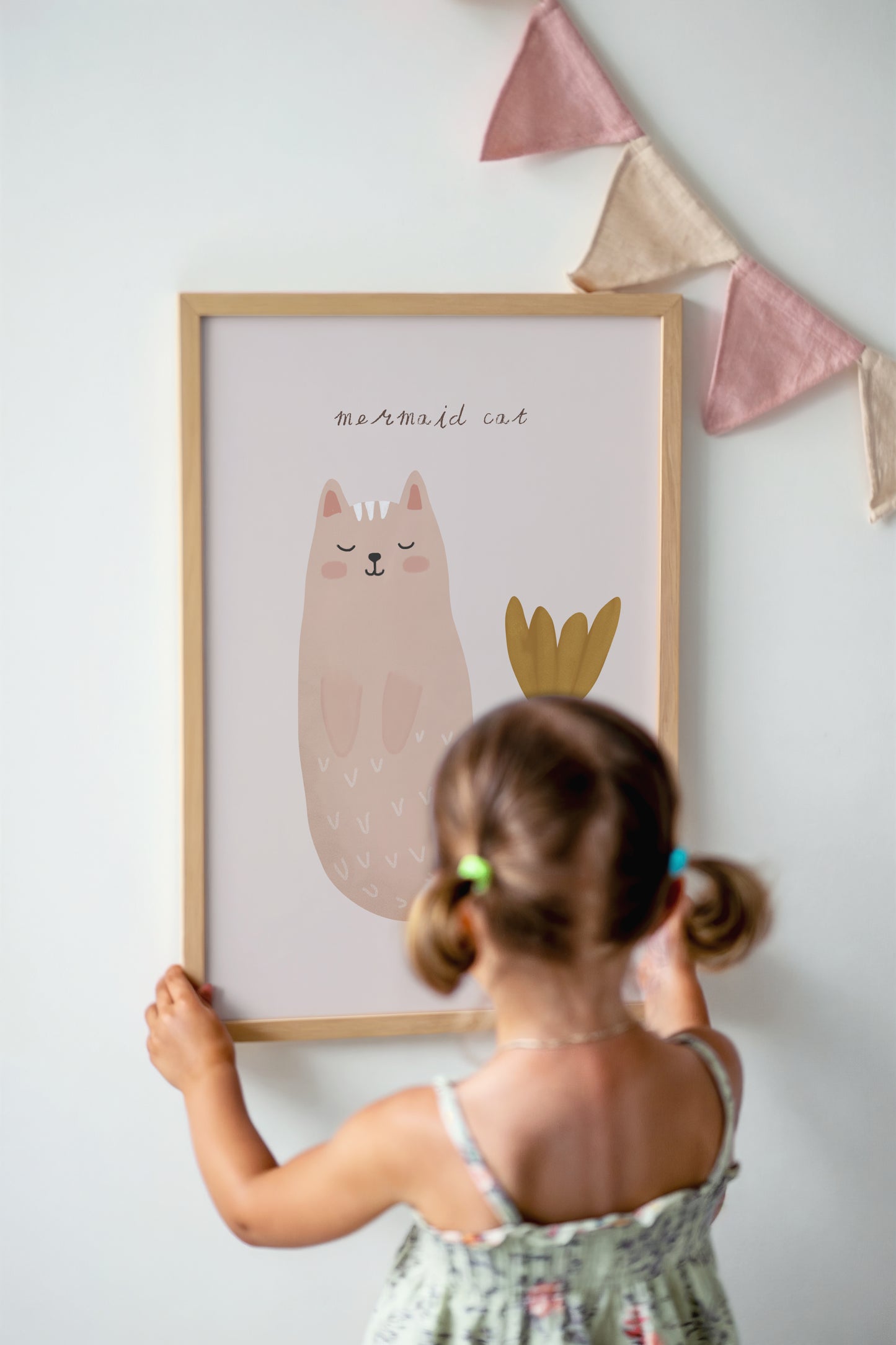 Mermaid Cat Wall Art – Whimsical Pink Cat Print for Girls' Rooms & Nurseries