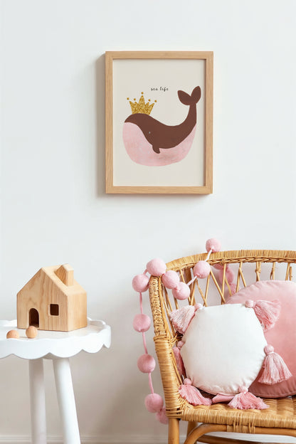 Crowned Whale Wall Art – Glitter Crown Ocean Print for Kids' Rooms & Nurseries
