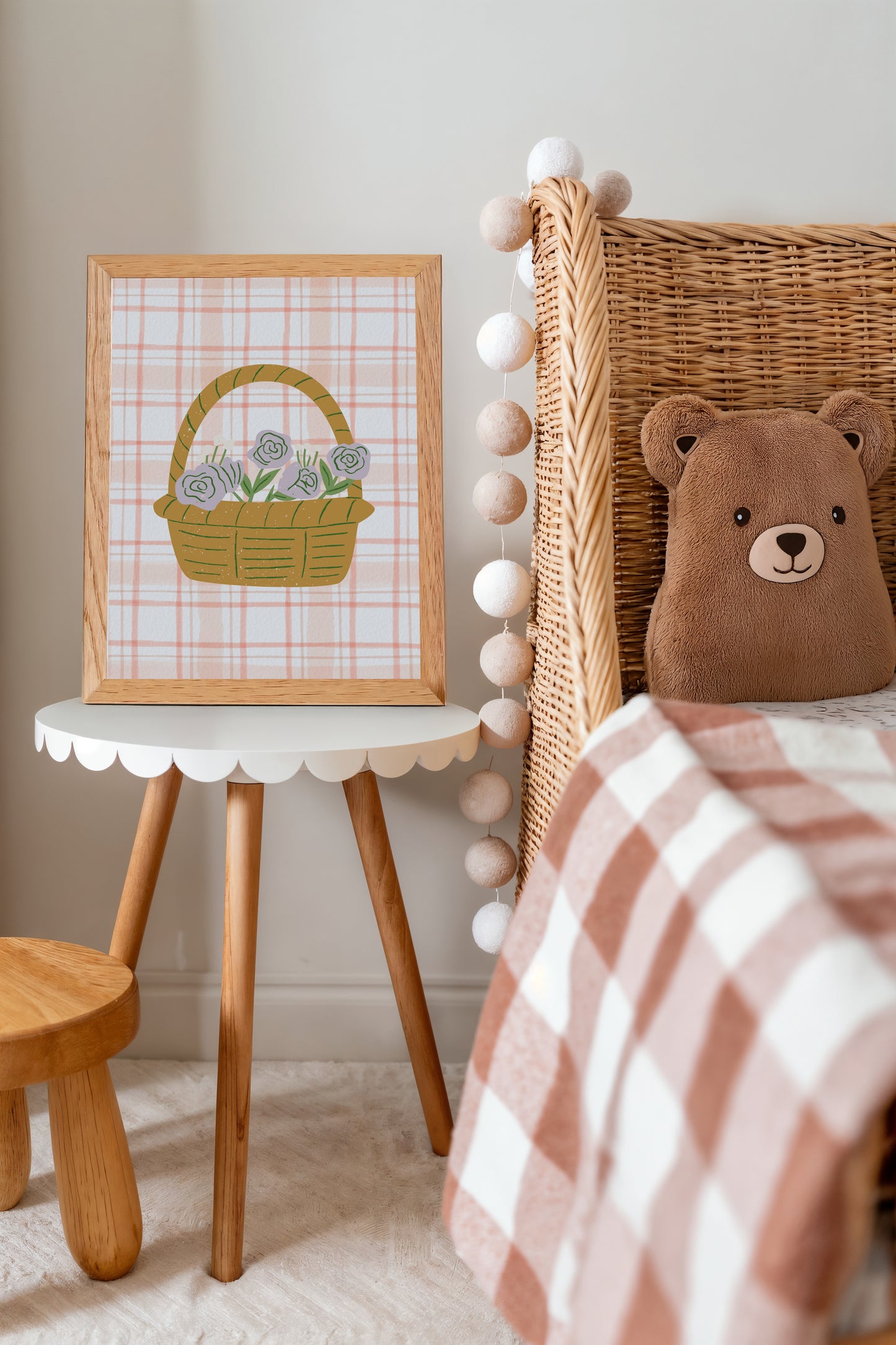 Plaid Flower Basket Wall Art – Gentle Nursery Print for Girls or Playroom Decor
