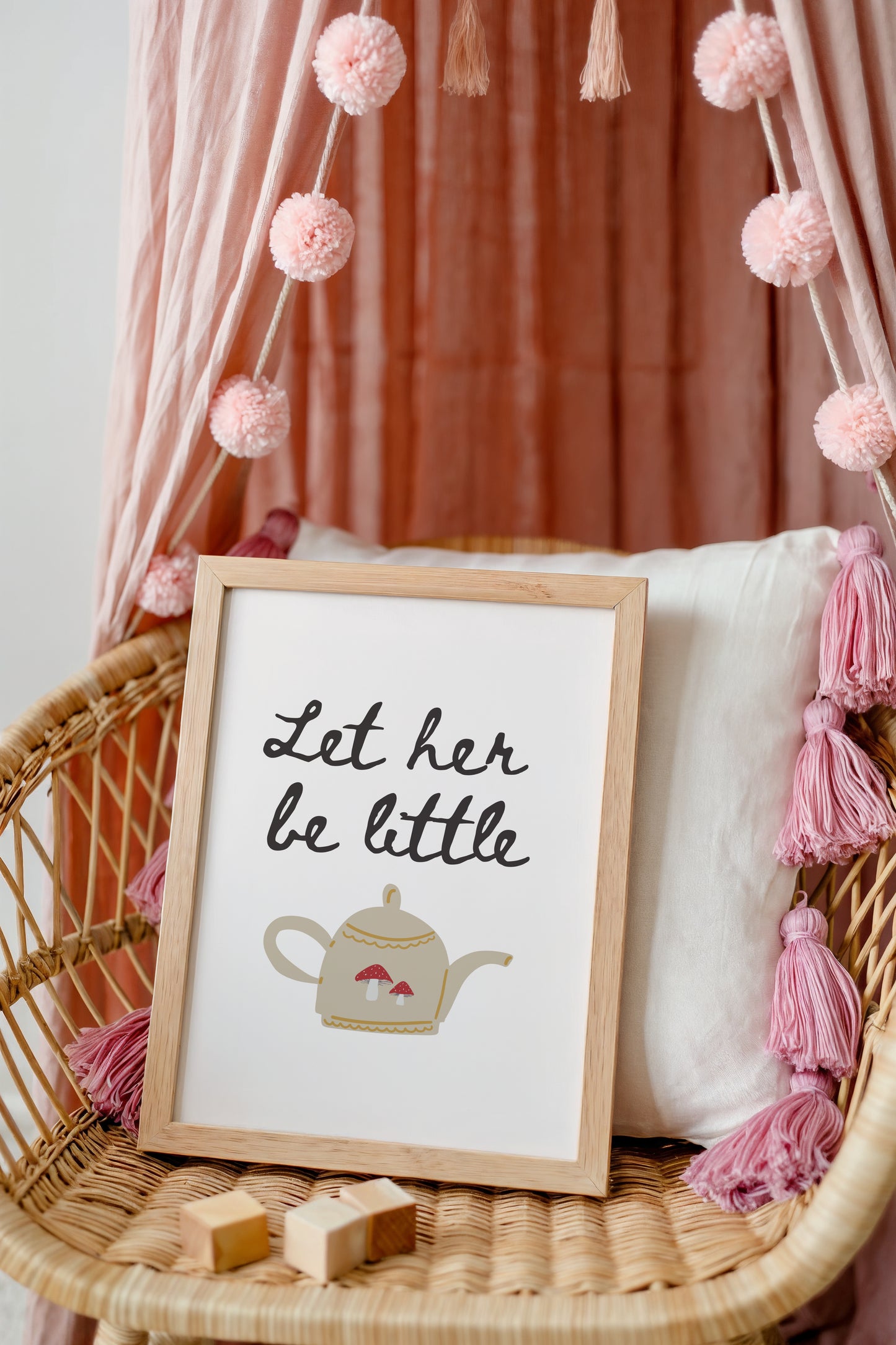 Let Her Be Little Art Print – Whimsical Nursery Wall Decor with Teapot and Mushrooms