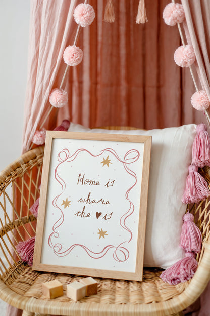 Home Is Where the Heart Is Art Print – Cozy Quote Wall Decor for Nursery or Kids Room