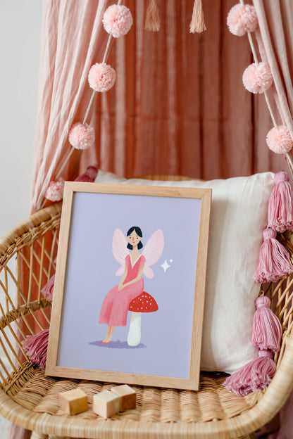 Fairy Sitting on Toadstool Print – Whimsical Pink Winged Girl Wall Art for Kids