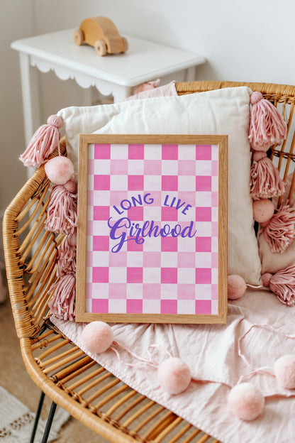 Long Live Girlhood Checker Art Print – Pink Wall Decor for Girls’ Rooms
