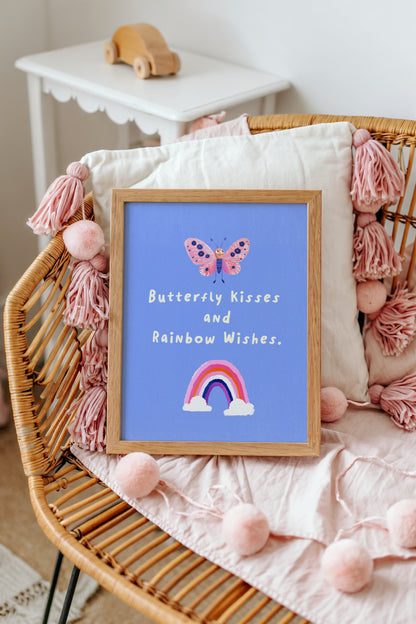 Butterfly Kisses and Rainbow Wishes Art Print – Whimsical Girls Nursery Wall Decor