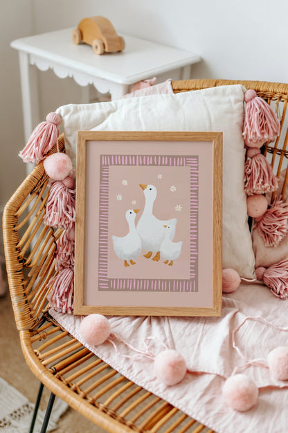 Geese Wall Art – Gentle Farm Animal Print for Girls Nursery or Playroom Decor