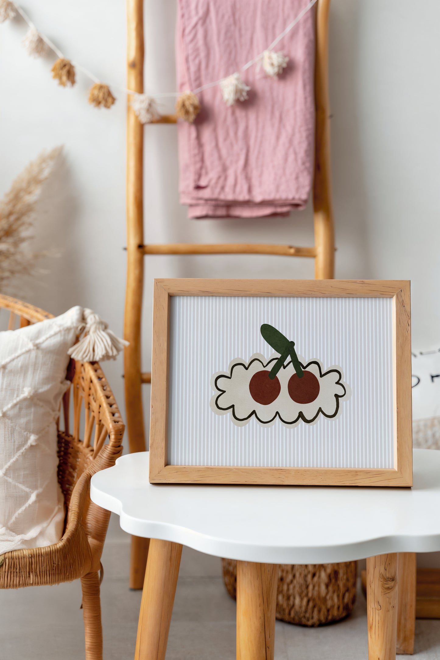 Retro Cherry Art Print – Minimalist Fruit Wall Decor for Kids