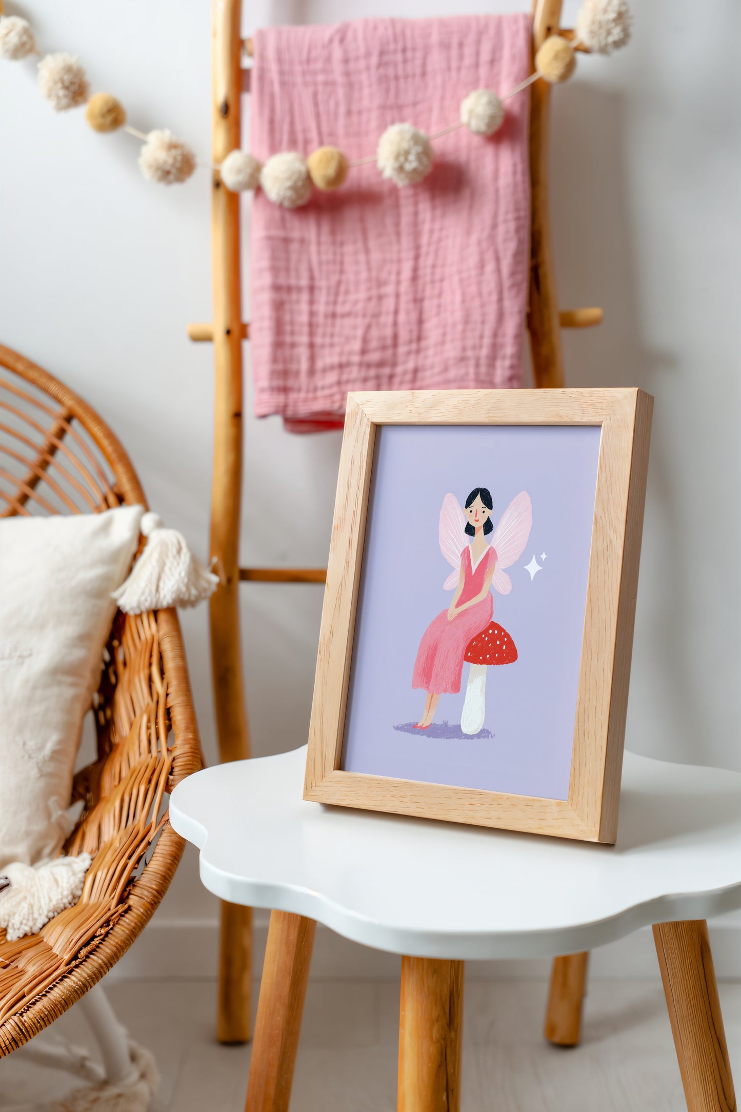 Fairy Sitting on Toadstool Print – Whimsical Pink Winged Girl Wall Art for Kids