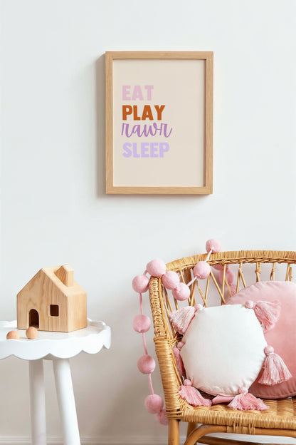 Eat Play Roar Sleep Art Print – Colorful Dinosaur Quote Wall Decor for Nursery or Playroom
