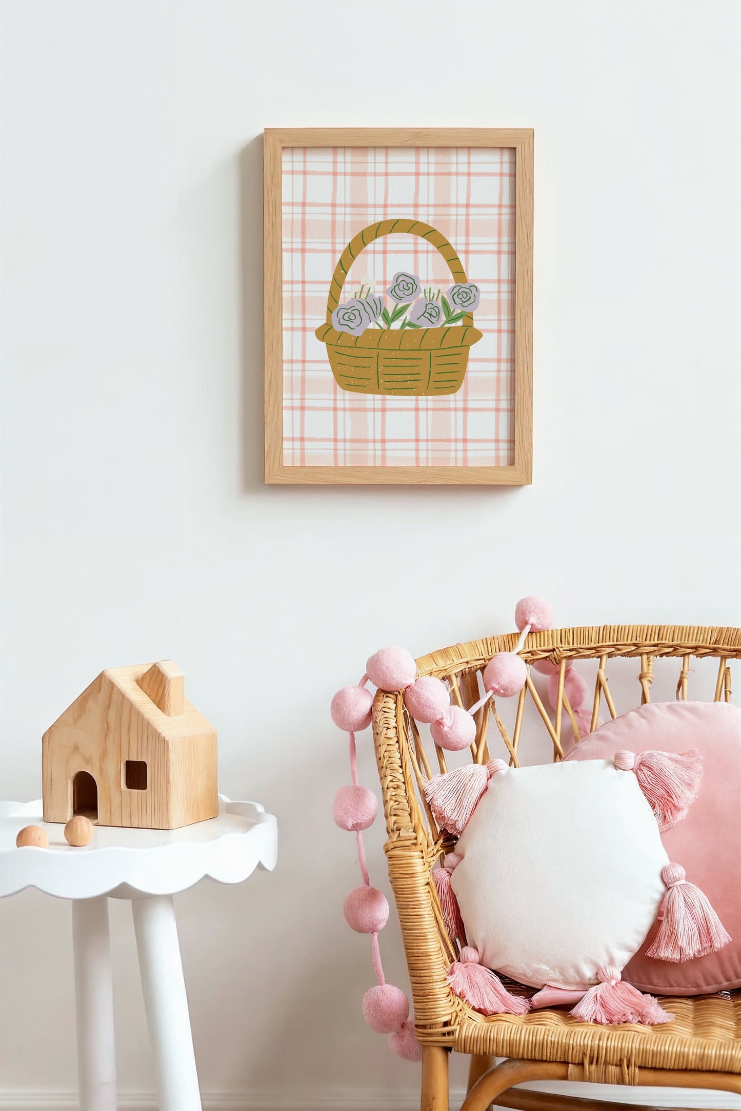 Plaid Flower Basket Wall Art – Gentle Nursery Print for Girls or Playroom Decor