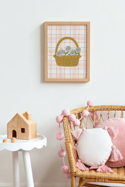 Plaid Flower Basket Wall Art – Gentle Nursery Print for Girls or Playroom Decor