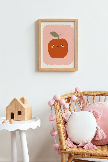 Smiling Apple Print – Adorable Fruit Illustration for Nursery or Kitchen Decor