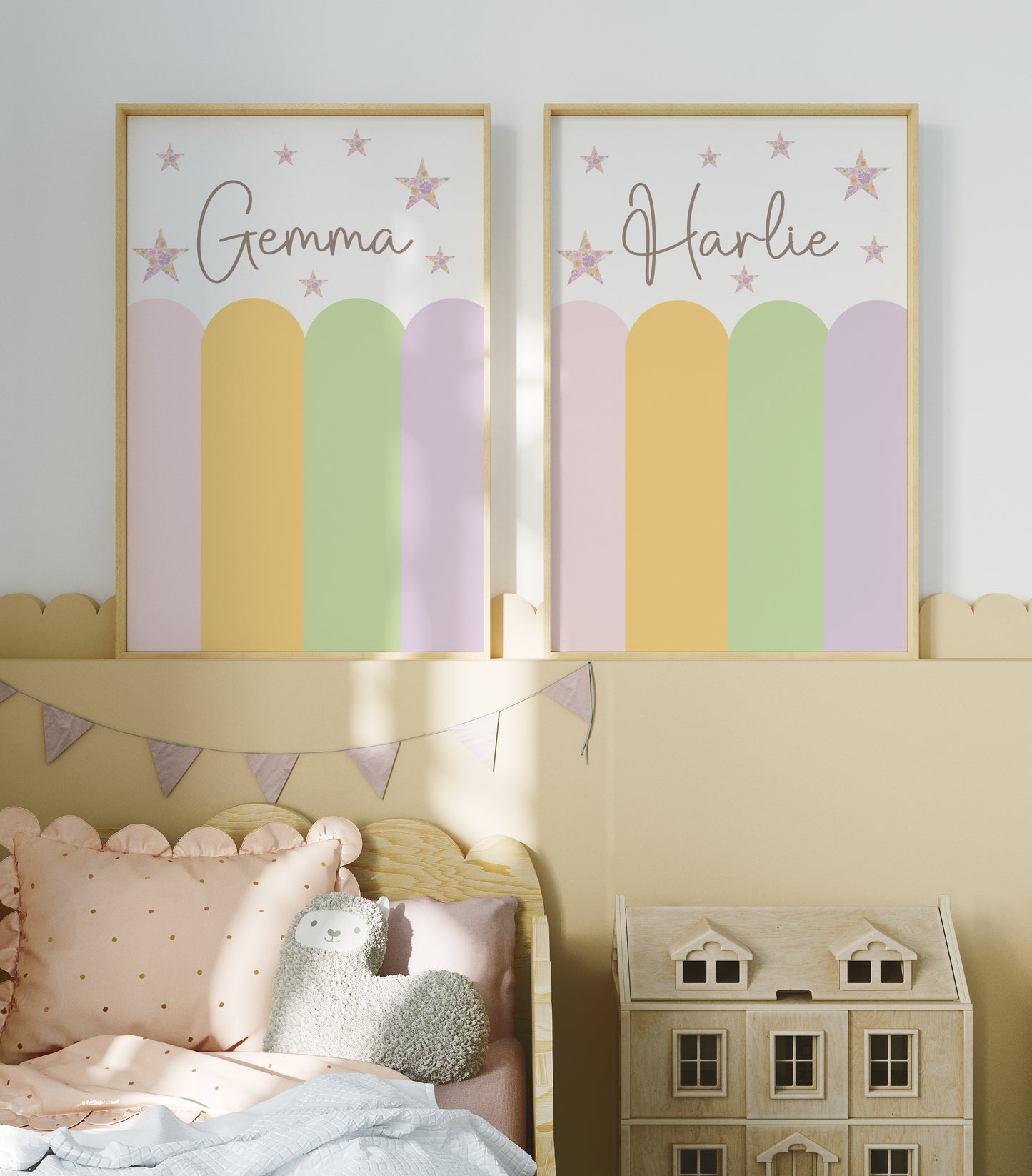 Pastel Scallop Custom Name Print – Floral Star Wall Art for Girls