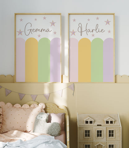 Pastel Scallop Custom Name Print – Floral Star Wall Art for Girls