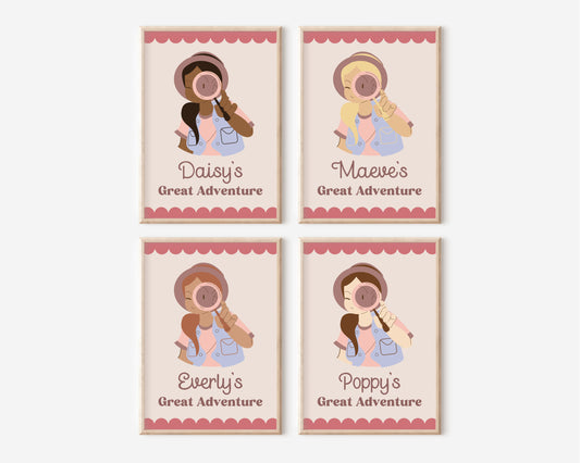 Personalized Explorer Girl Print – Custom Name Adventure Wall Art for Kids