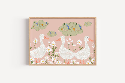 Daisy Meadow Goose Art Print – Whimsical Farm Animal Wall Decor for Nursery or Girls Room