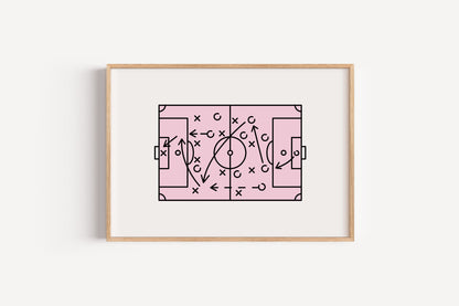 Pink Soccer Field Wall Art – Playbook Style Print for Girls’ Sporty Room Decor