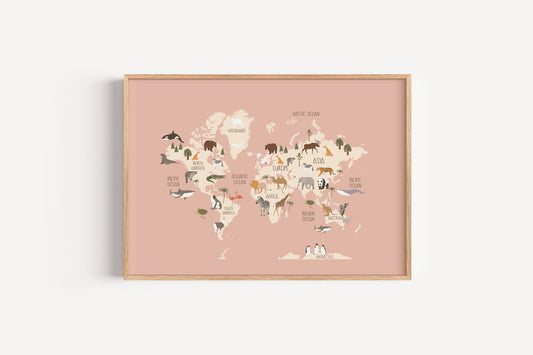 Blush Animal World Map Art Print – Educational Nursery Decor for Girls Room or Playroom