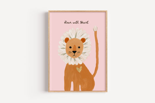 Floral Lion Wall Art – “Roar with Heart” Quote Print for Baby or Toddler Room