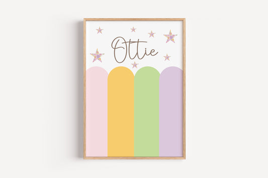 Pastel Scallop Custom Name Print – Floral Star Wall Art for Girls