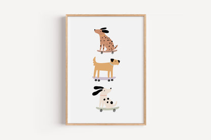 Skateboarding Dogs Art Print – Fun Animal Wall Decor for Nursery or Kids Room
