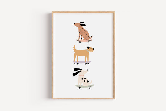 Skateboarding Dogs Art Print – Fun Animal Wall Decor for Nursery or Kids Room
