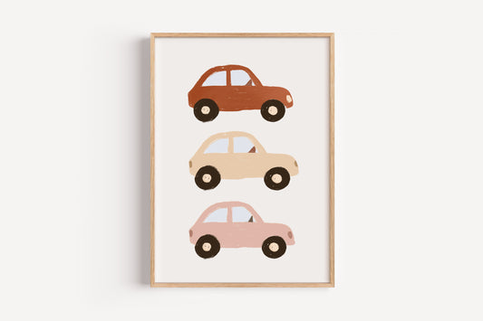 Muted Car Trio Print – Soft Retro Vehicle Wall Art for Baby Room