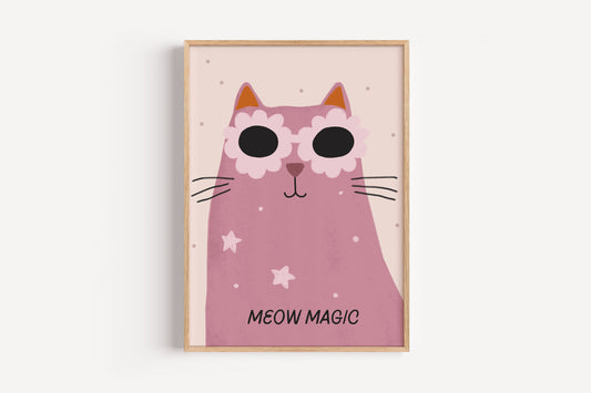 Purple Cat Wall Art – Magical Meow Print for Kids Room or Nursery Decor