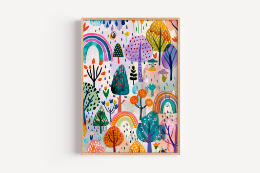 Enchanted Woodland Art Print – Bright Rainbow Nursery or Kids Room Decor