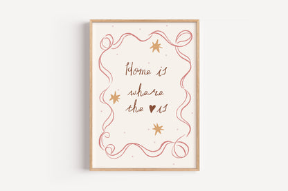 Home Is Where the Heart Is Art Print – Cozy Quote Wall Decor for Nursery or Kids Room