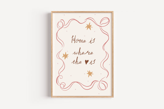 Home Is Where the Heart Is Art Print – Cozy Quote Wall Decor for Nursery or Kids Room