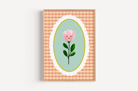 Smiling Flower Gingham Print – Whimsical Cottagecore Wall Art for Girls' Rooms