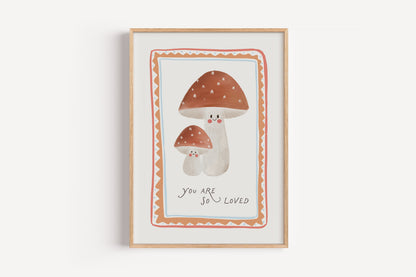 Mushroom Nursery Print – You Are So Loved Woodland Wall Art for Baby Girl Room
