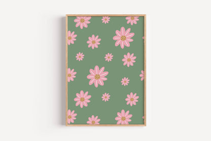 Pink Daisy Floral - Green | Art Print