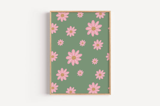 Pink Daisy Floral - Green | Art Print