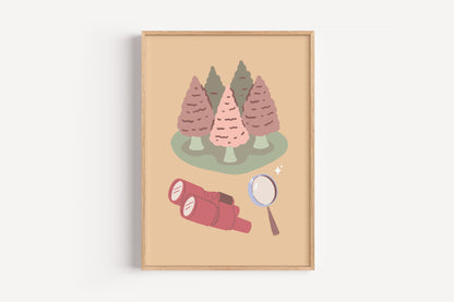 Adventure Wall Art for Kids – Explorer-Themed Print with Binoculars and Tree