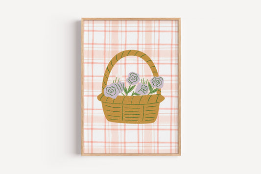 Plaid Flower Basket Wall Art – Gentle Nursery Print for Girls or Playroom Decor
