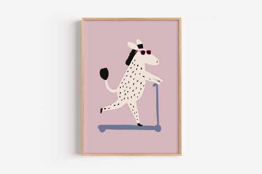 Cool Zebra Wall Art – Quirky Animal Print on Scooter, Fun Kids Room Decor