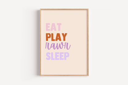 Eat Play Roar Sleep Art Print – Colorful Dinosaur Quote Wall Decor for Nursery or Playroom