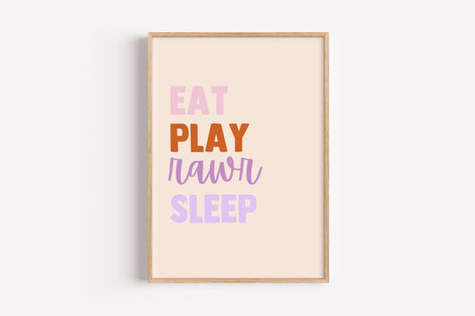 Eat Play Roar Sleep Art Print – Colorful Dinosaur Quote Wall Decor for Nursery or Playroom