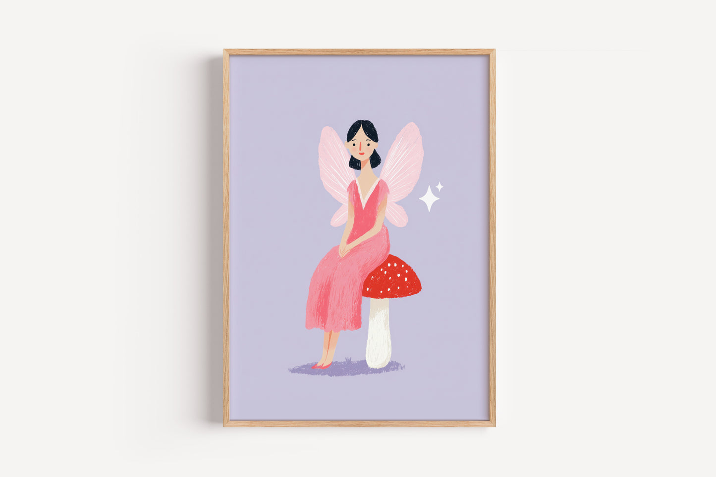 Fairy Sitting on Toadstool Print – Whimsical Pink Winged Girl Wall Art for Kids