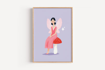 Fairy Sitting on Toadstool Print – Whimsical Pink Winged Girl Wall Art for Kids