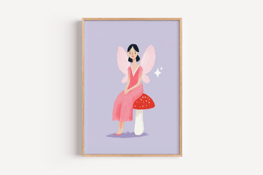 Fairy Sitting on Toadstool Print – Whimsical Pink Winged Girl Wall Art for Kids